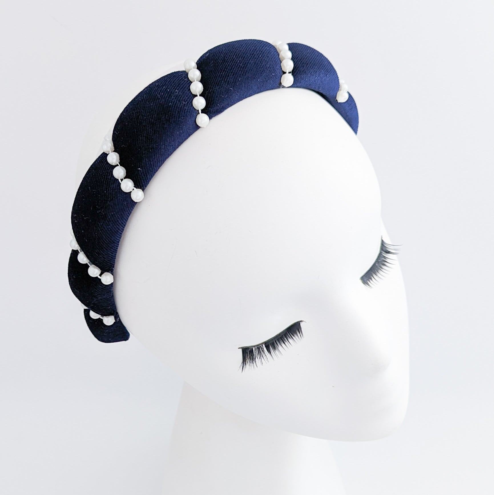 Midnight blue pearl ruched padded velvet headband fascinator