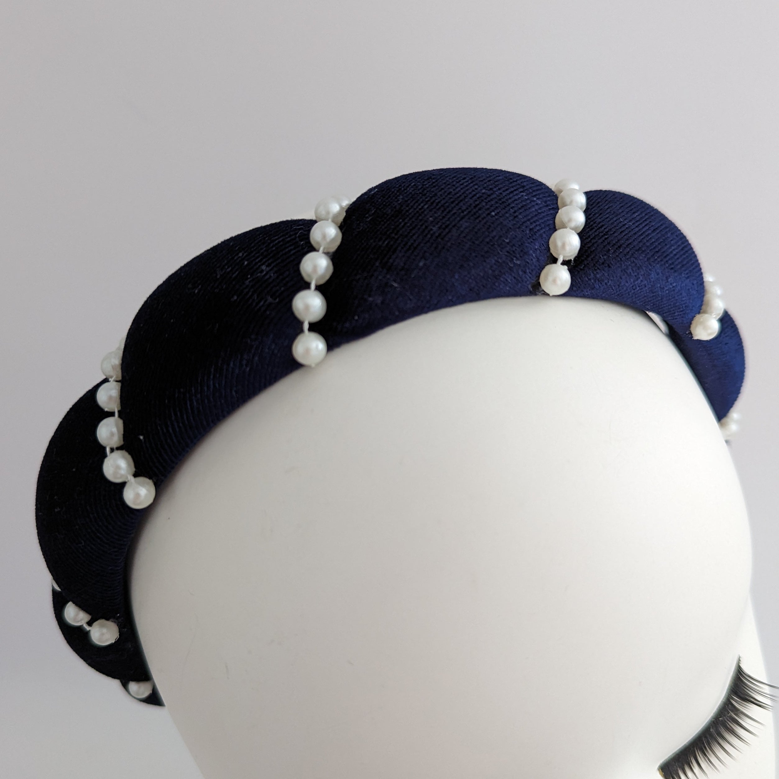 Midnight blue pearl ruched padded velvet headband fascinator