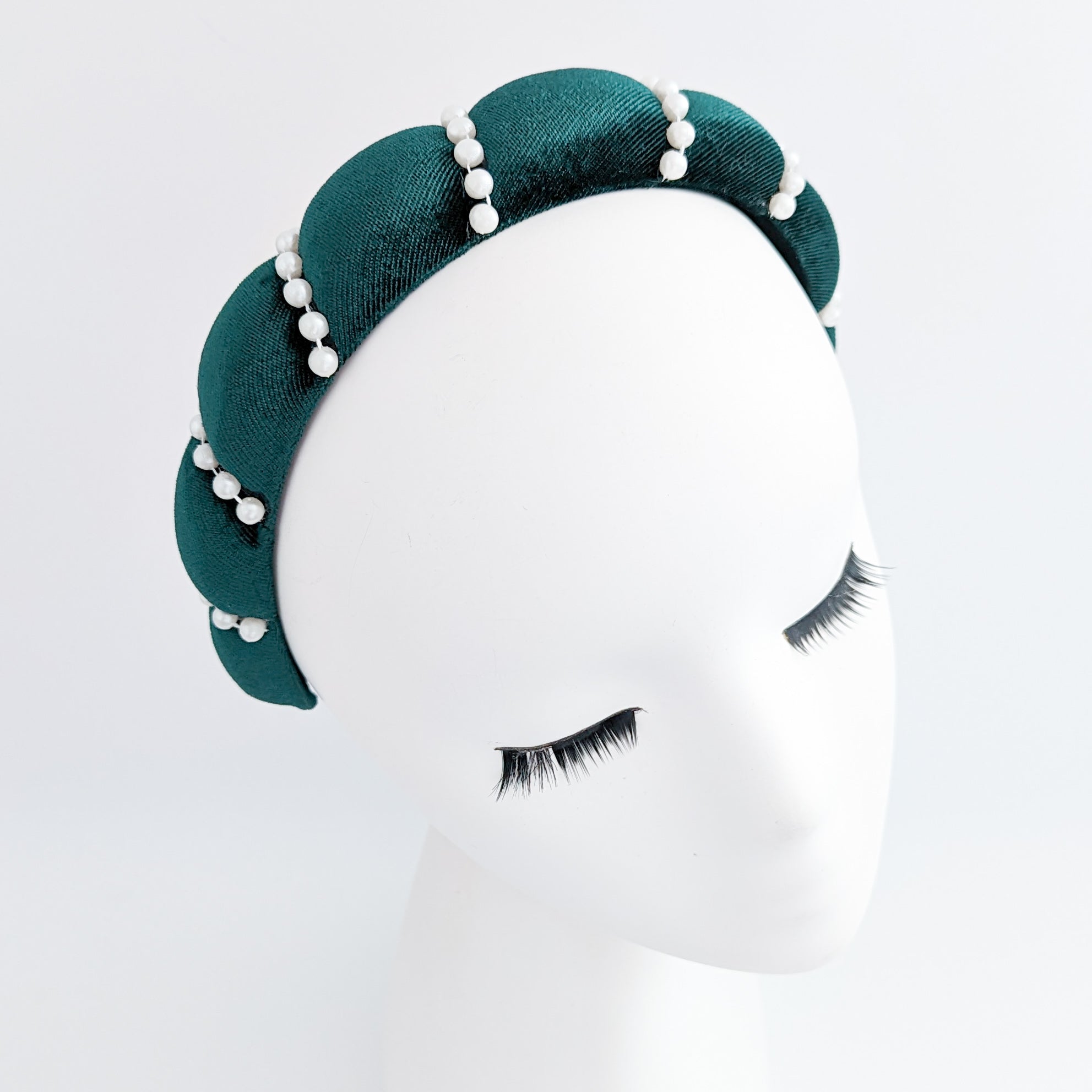 Bottle green pearl ruched padded velvet headband fascinator