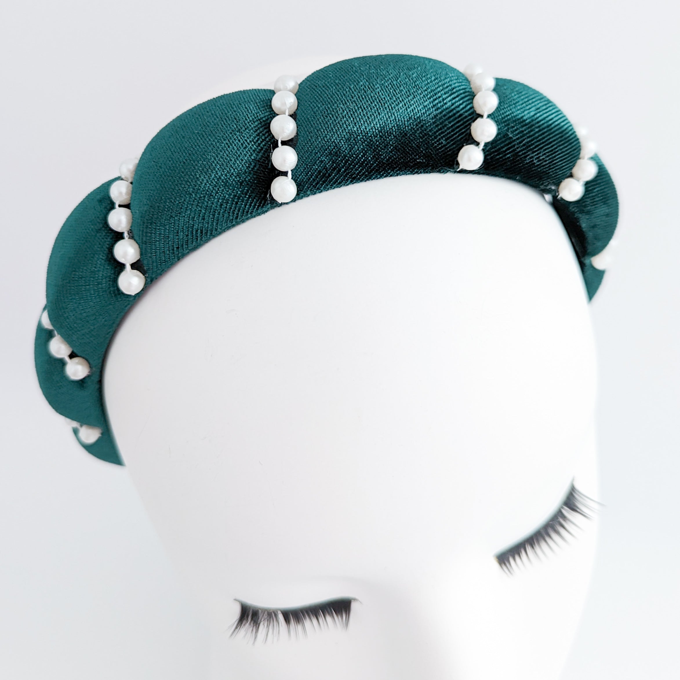 Bottle green pearl ruched padded velvet headband fascinator