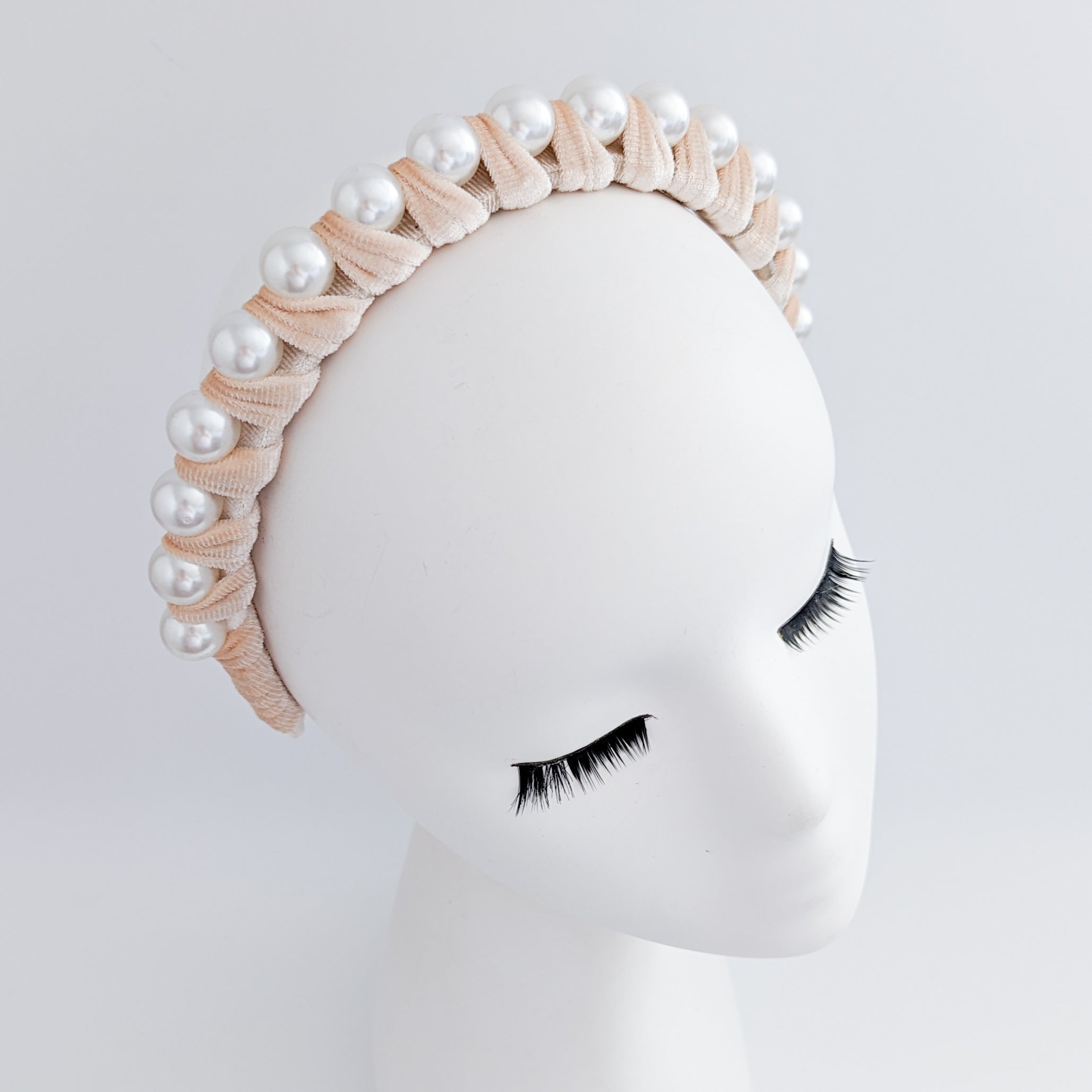 Nude peach large pearl ruched velvet headband fascinator