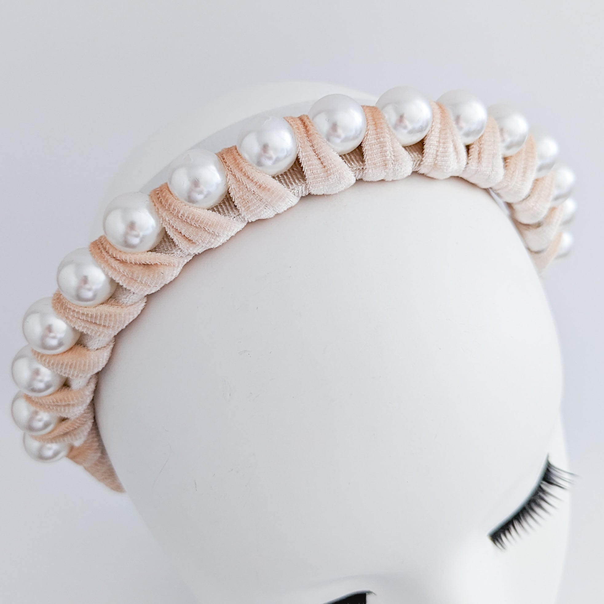 Nude peach large pearl ruched velvet headband fascinator