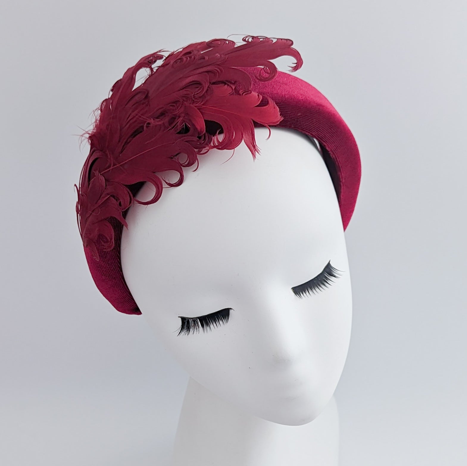 Burgundy feather padded velvet headband fascinator