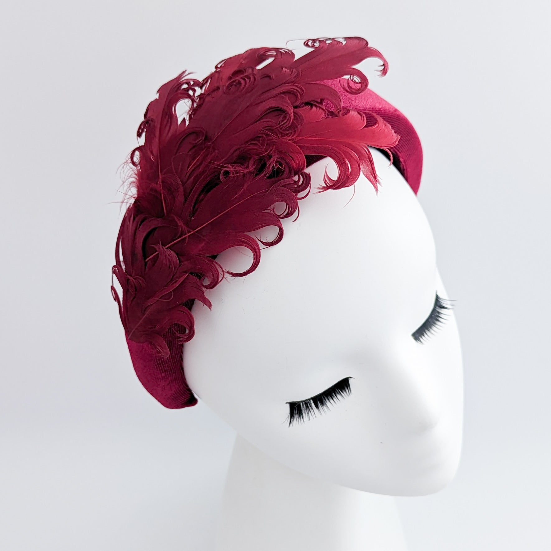 Burgundy feather padded velvet headband fascinator