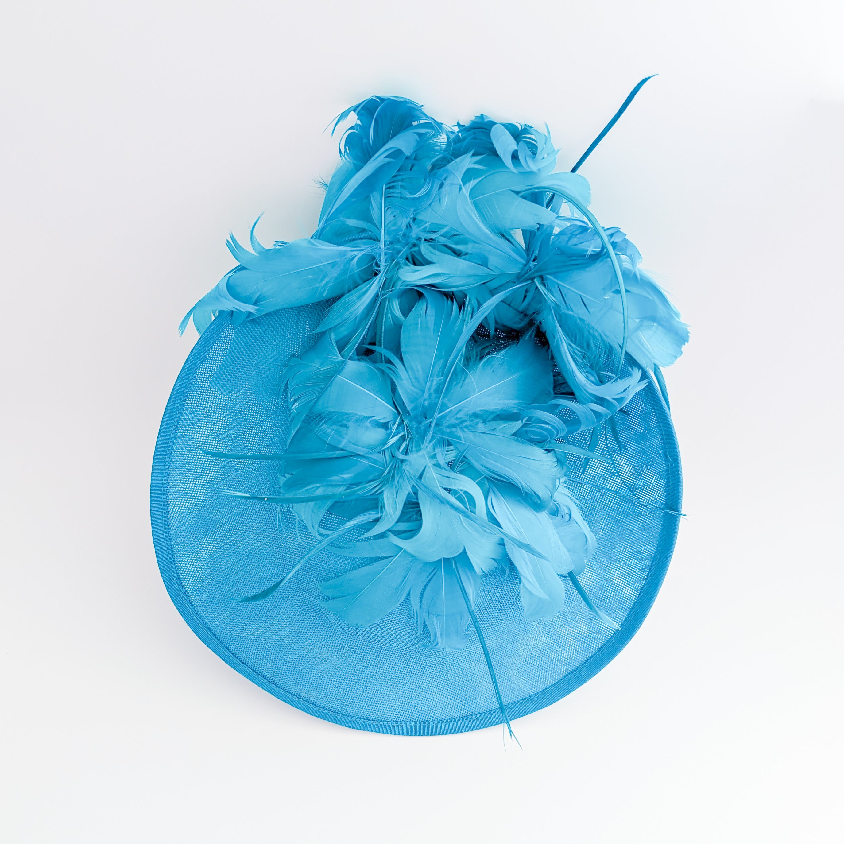 Sea blue large feather saucer disc fascinator hat