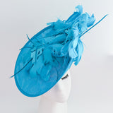 Sea blue large feather saucer disc fascinator hat