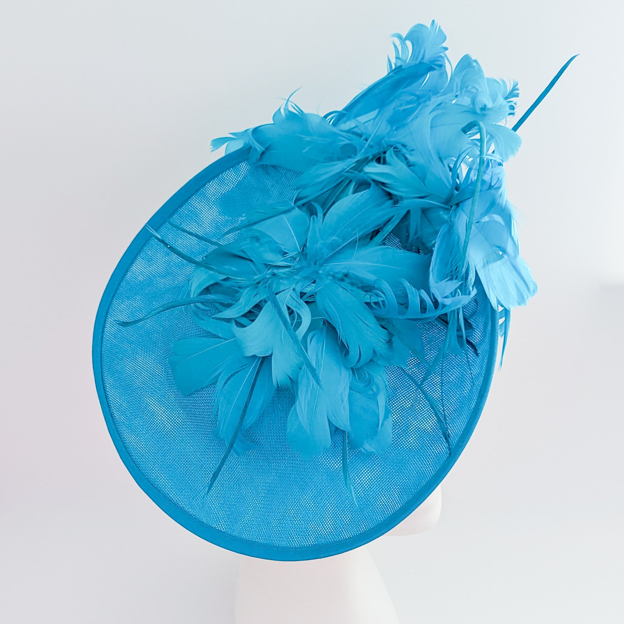 Sea blue large feather saucer disc fascinator hat