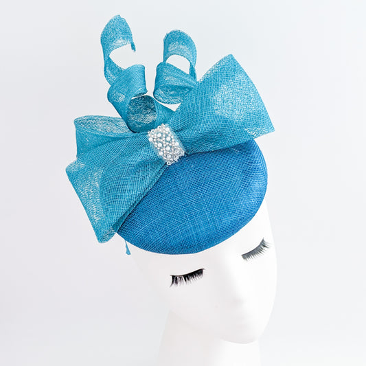 Sea blue crystal bow fascinator hat