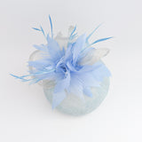 Aquamarine light cornflower blue pearl feather fascinator hat