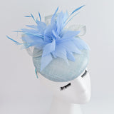 Aquamarine light cornflower blue pearl feather fascinator hat