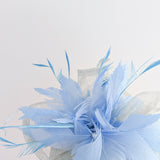 Aquamarine light cornflower blue pearl feather fascinator hat