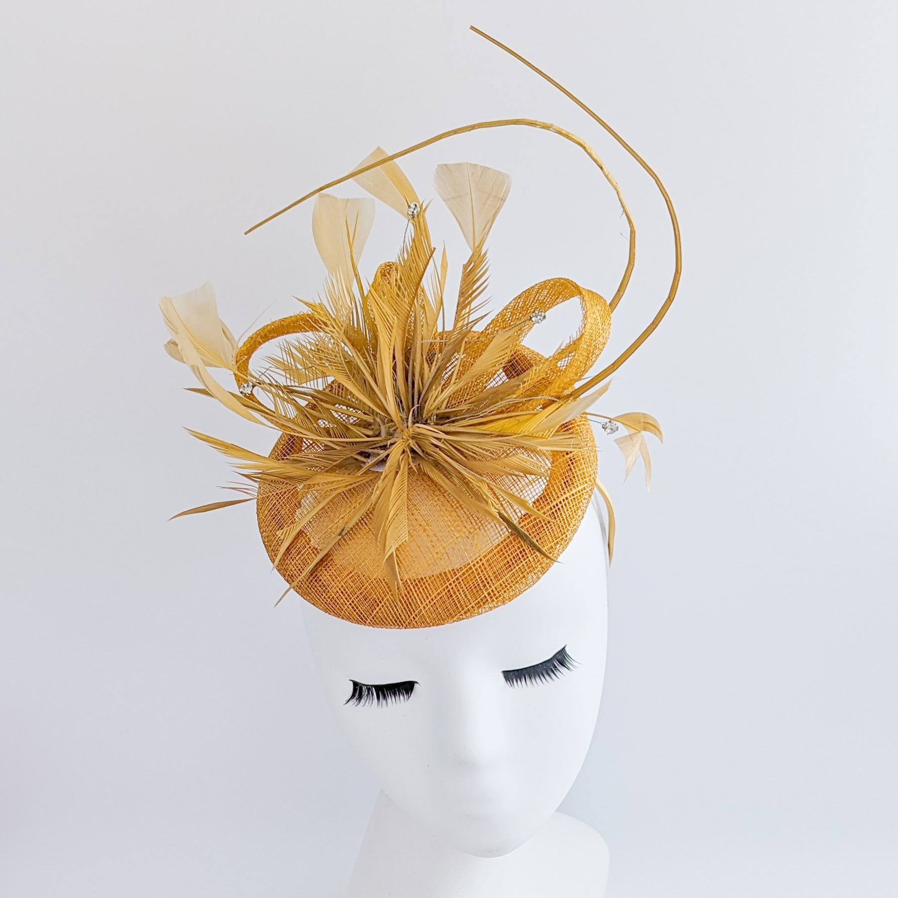 Golden yellow crystal feather fascinator hat