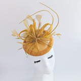 Golden yellow crystal feather fascinator hat