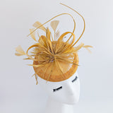 Golden yellow crystal feather fascinator hat