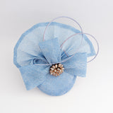 Light cornflower blue crystal bow fascinator hat