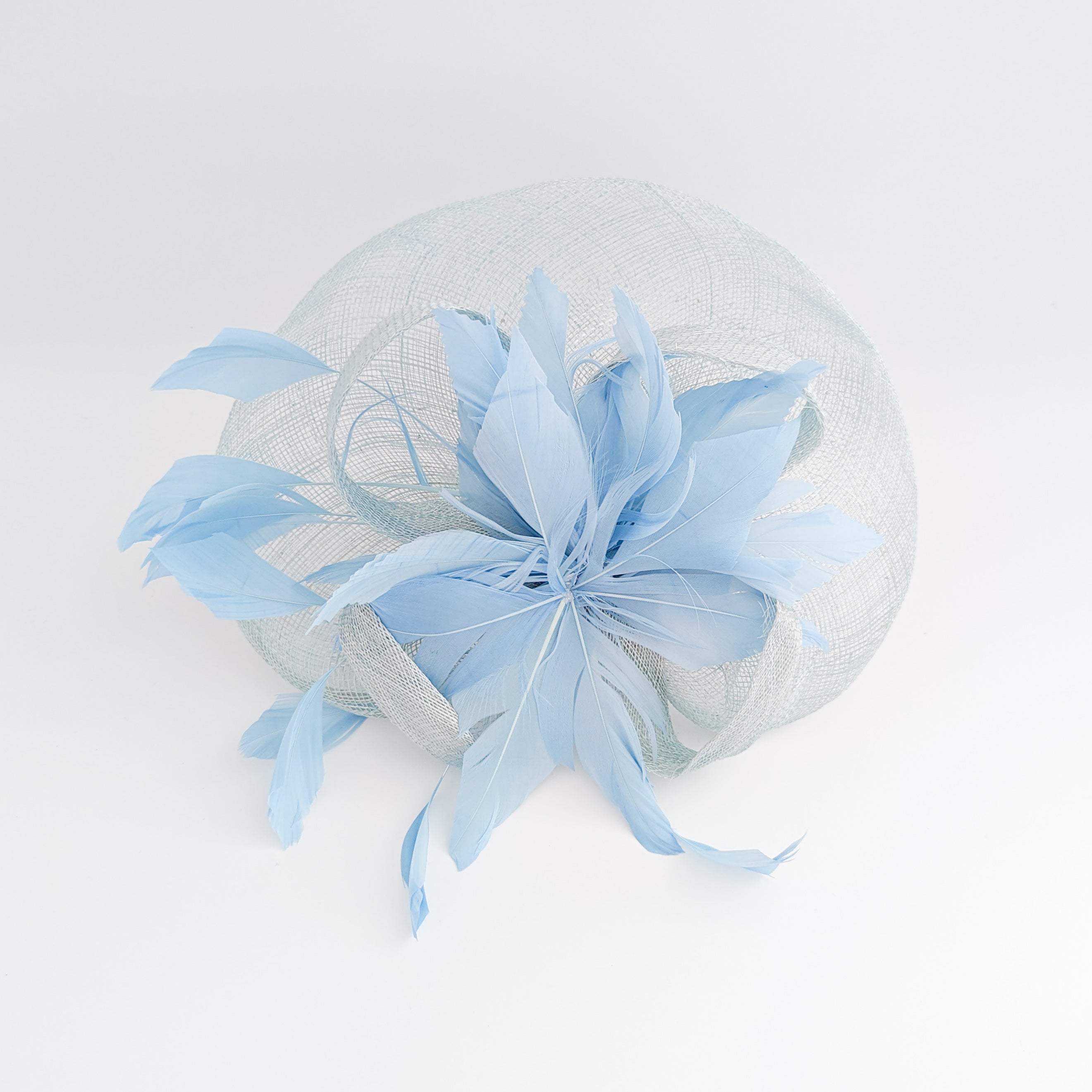 Aquamarine cornflower blue feather fascinator hat