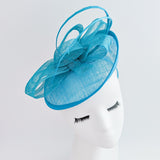 Dark aqua cornflower blue disc saucer fascinator hat