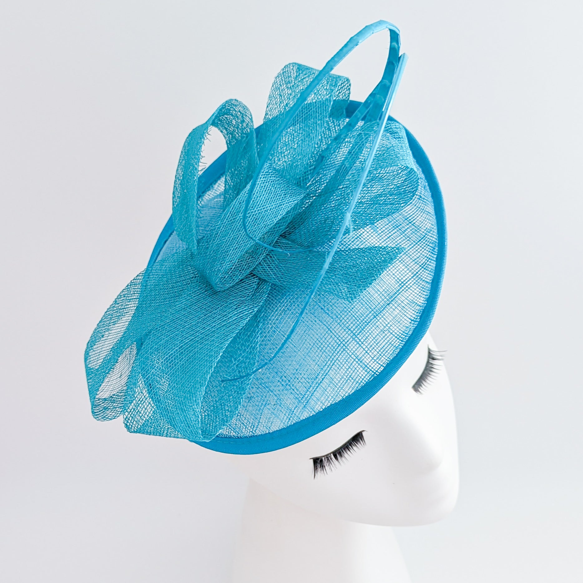 Dark aqua cornflower blue disc saucer fascinator hat