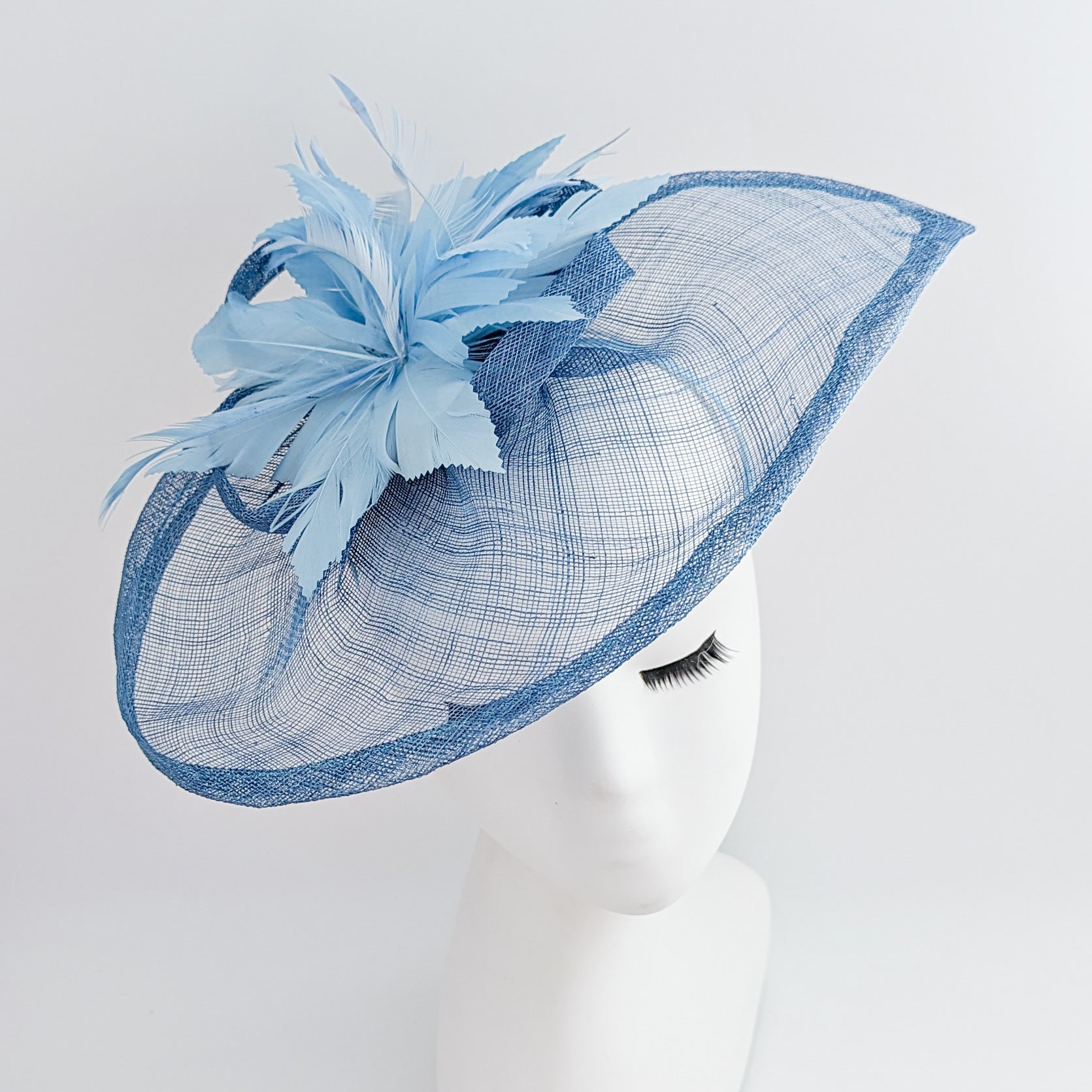 Cornflower blue feather large teardrop fascinator hat