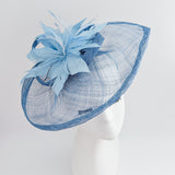 Cornflower blue feather large teardrop fascinator hat