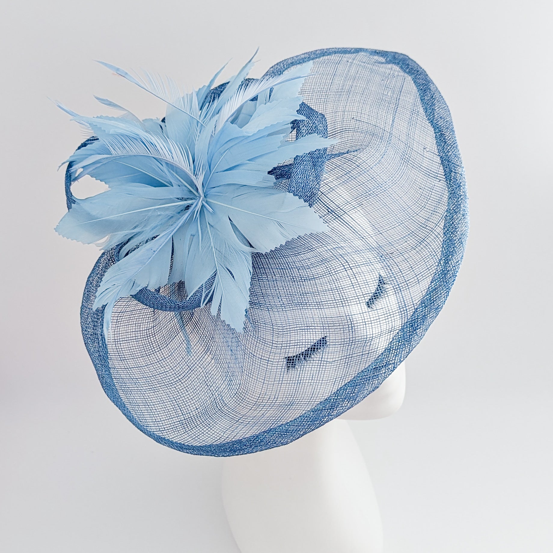 Cornflower blue feather large teardrop fascinator hat