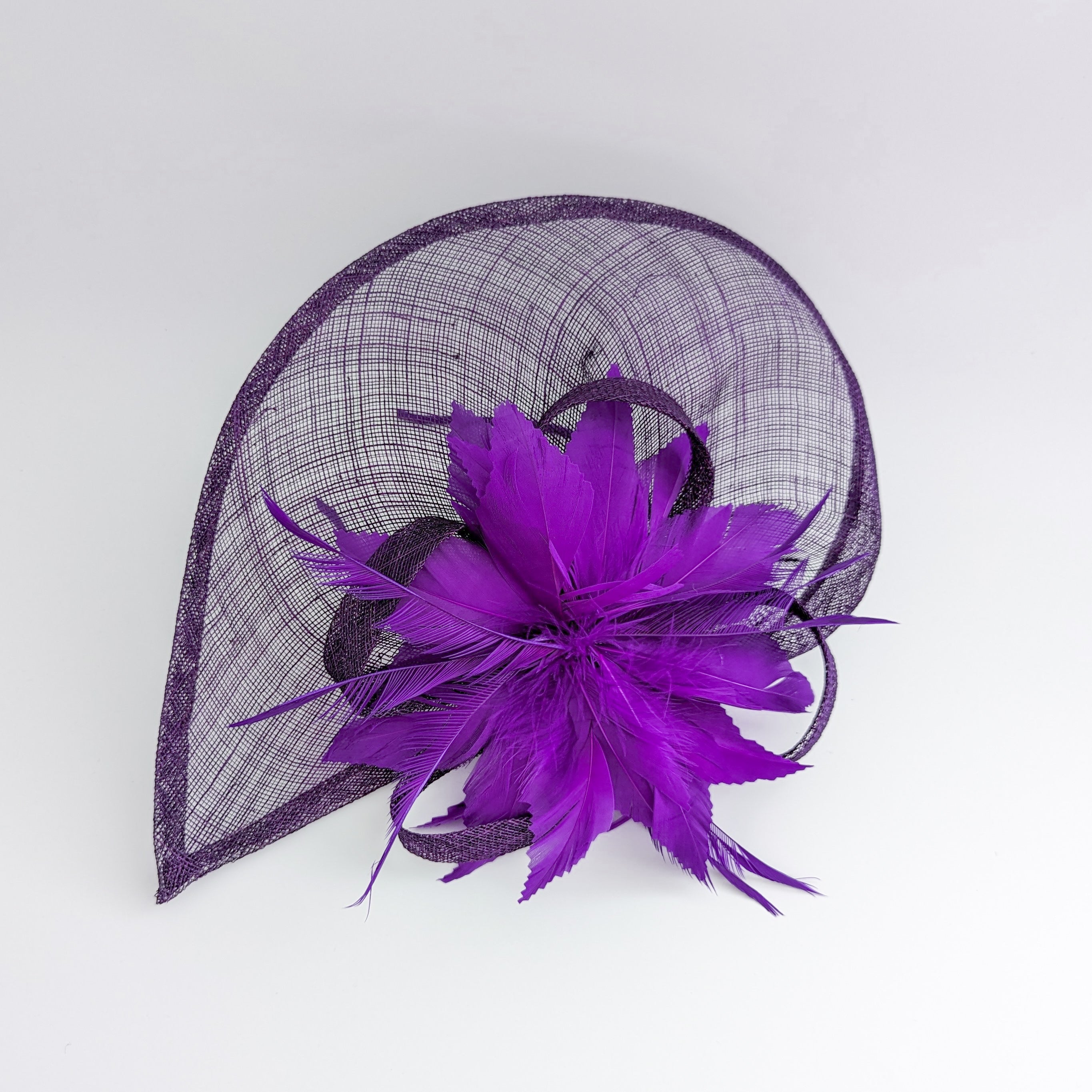 Dark aubergine cadbury purple feather large teardrop fascinator hat