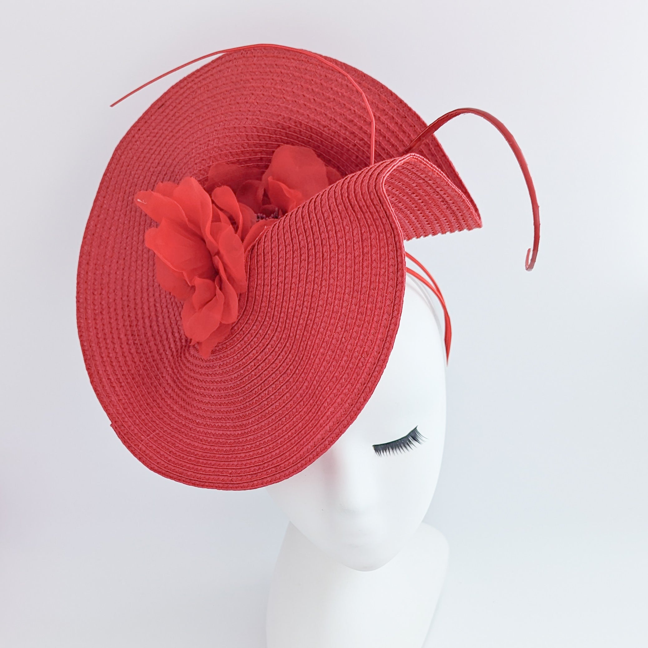 Red large woven straw flower fascinator hat