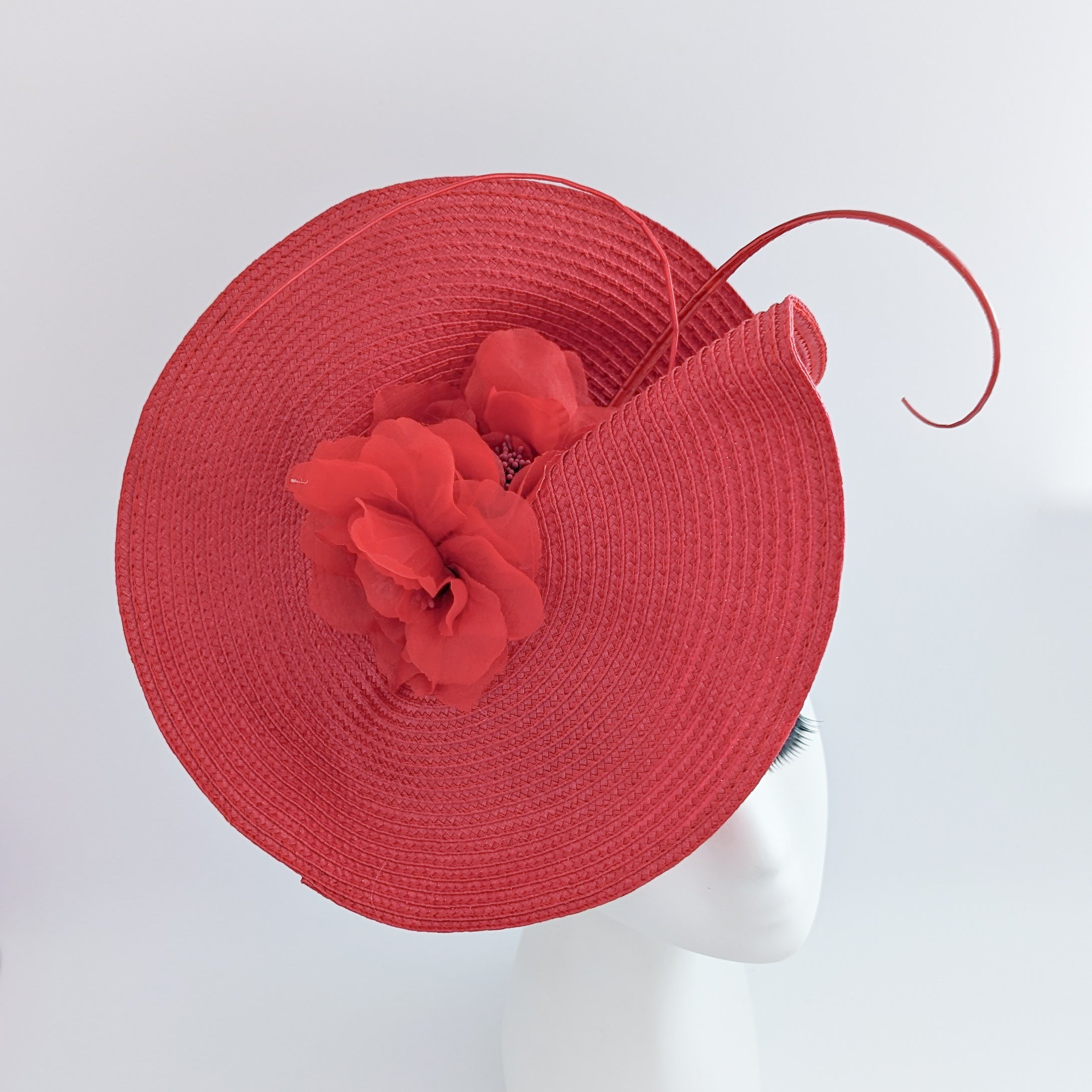 Red large woven straw flower fascinator hat