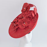 Red large orchid flower saucer disc fascinator hat