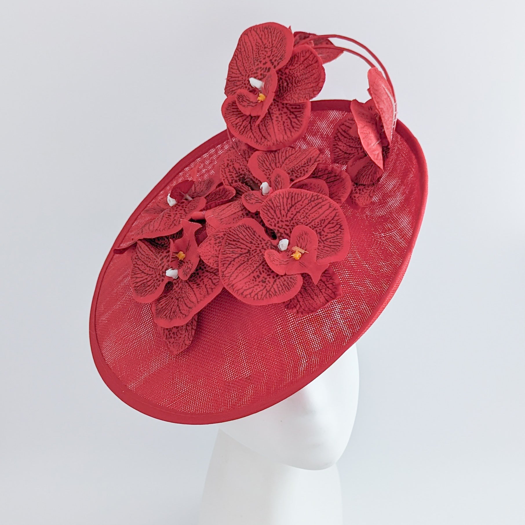 Red large orchid flower saucer disc fascinator hat