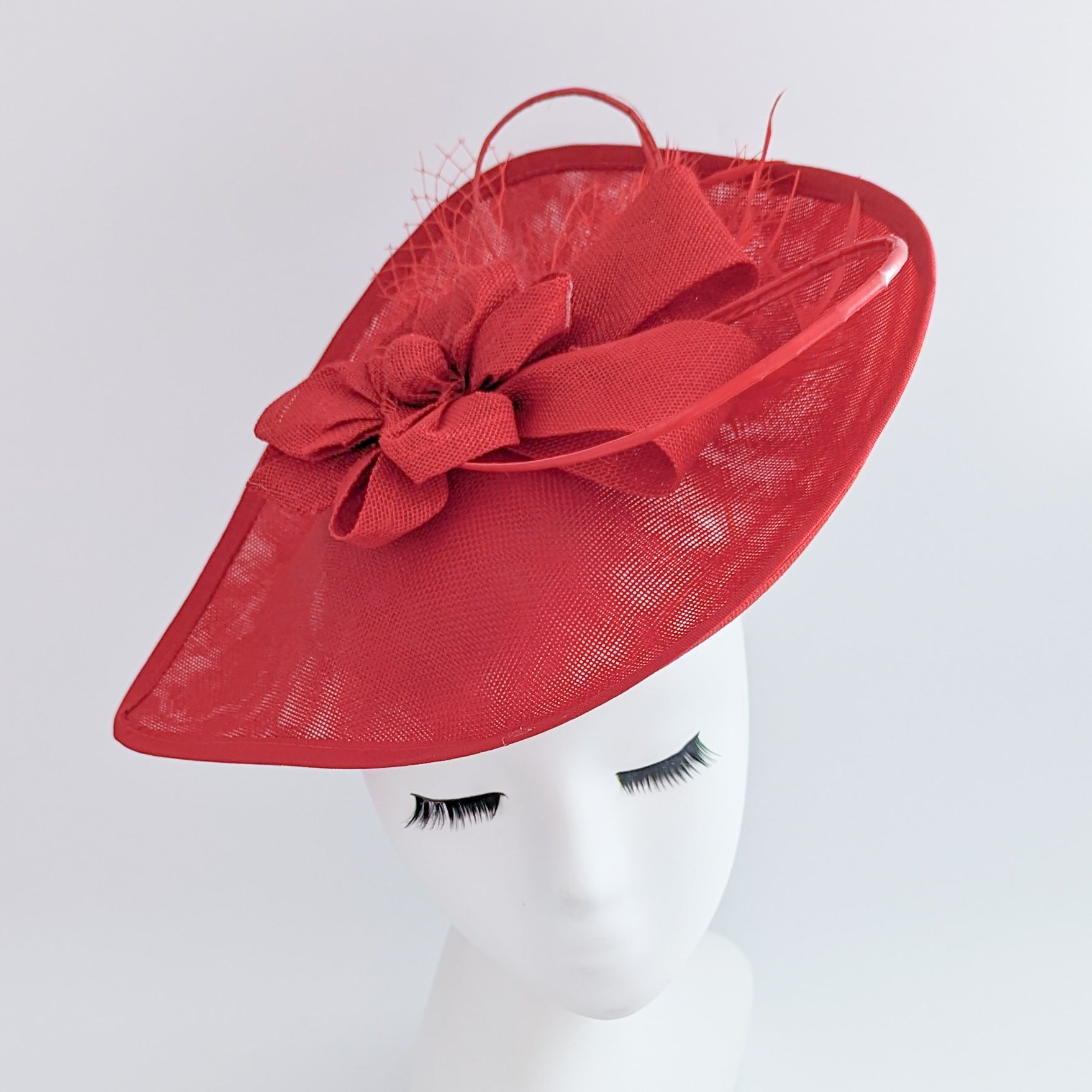 Red large teardrop flower feather fascinator hat