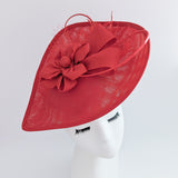 Red large teardrop flower feather fascinator hat