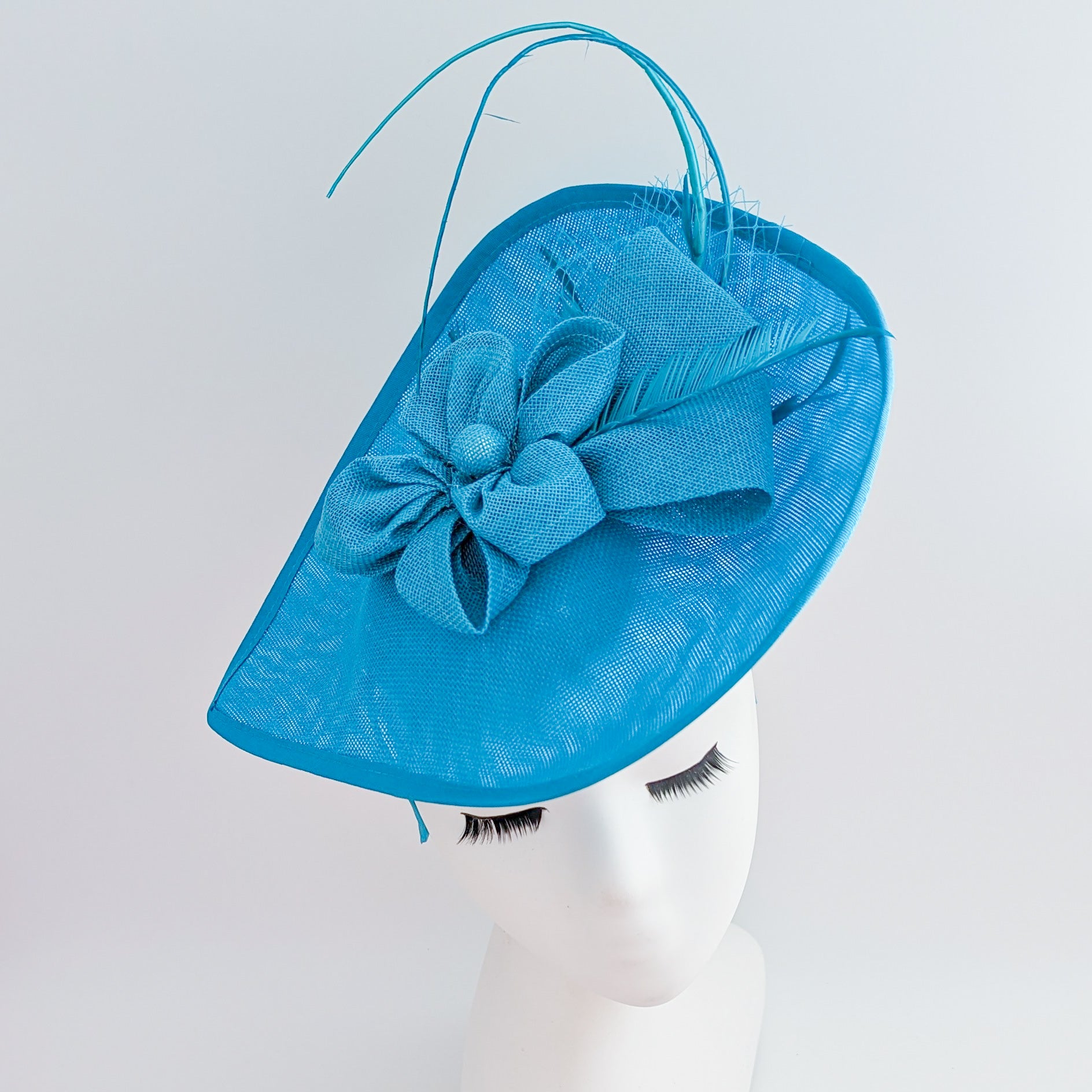 Sea blue large teardrop flower feather fascinator hat