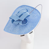 Light cornflower blue large teardrop flower feather fascinator hat