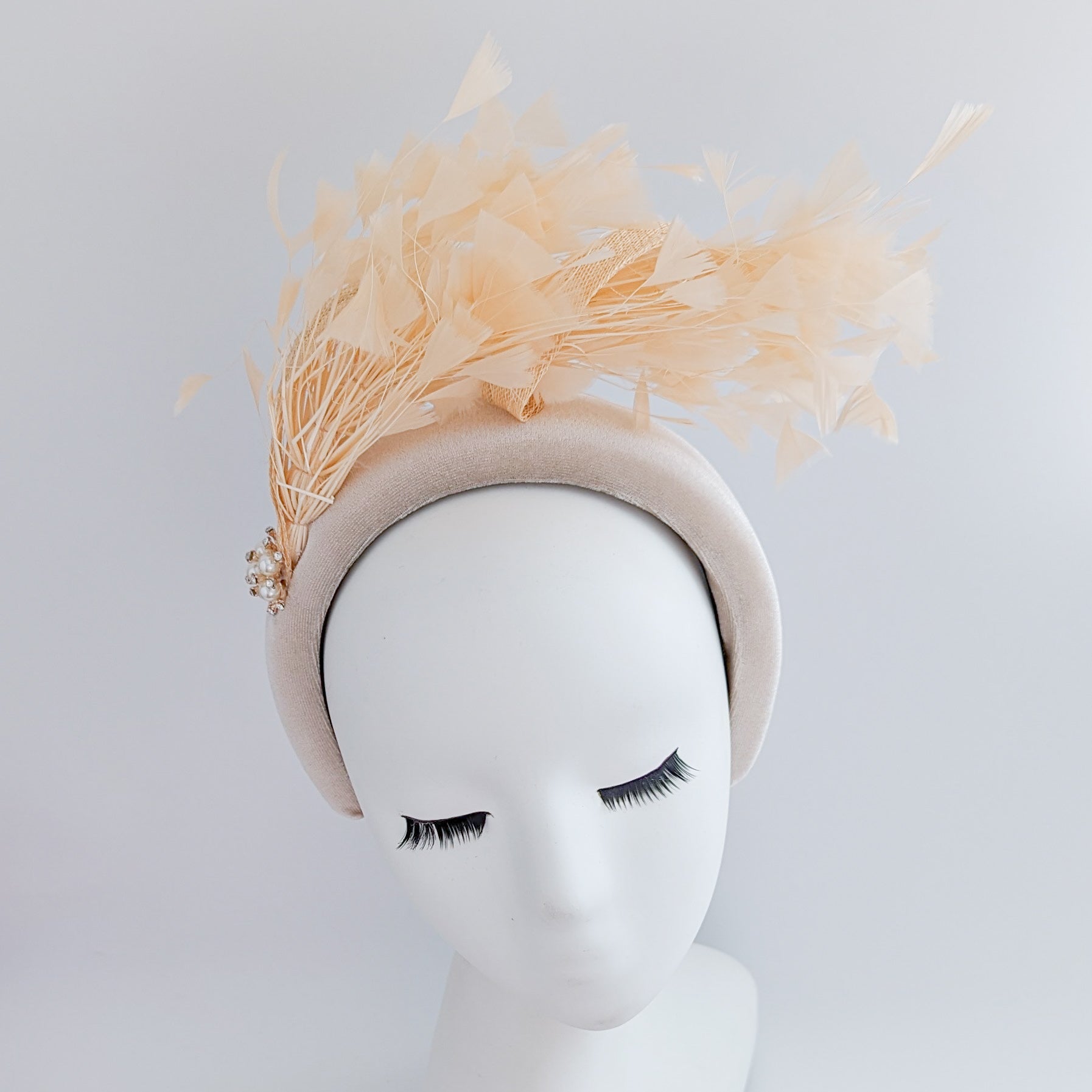 Champagne peach feather padded velvet headband fascinator