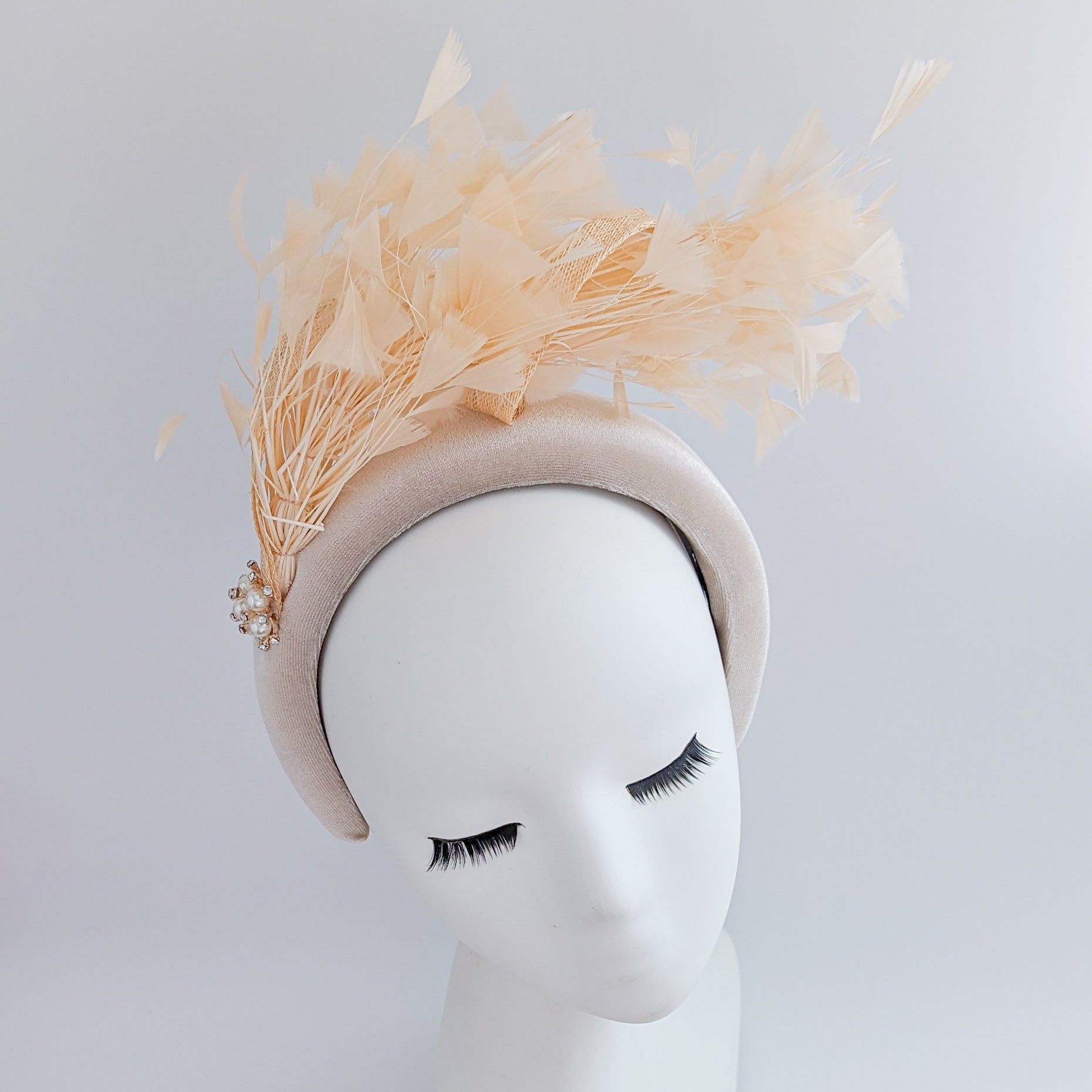 Champagne peach feather padded velvet headband fascinator