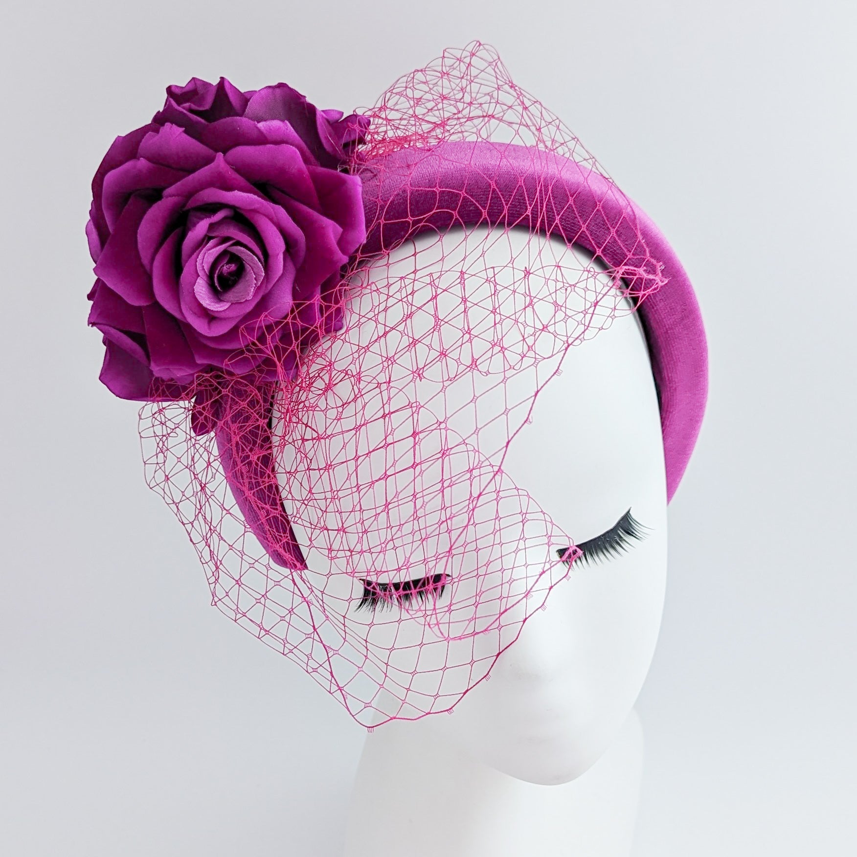 Magenta pink flower padded velvet headband fascinator