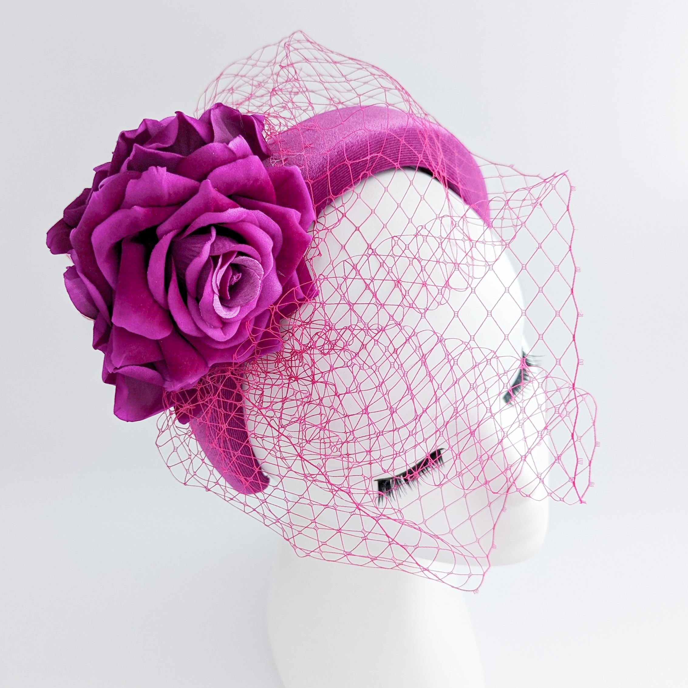 Magenta pink flower padded velvet headband fascinator