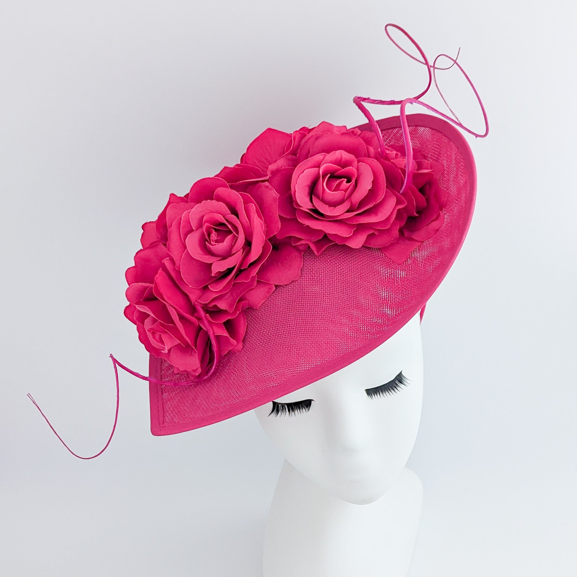 Fuchsia pink large teardrop rose flower fascinator hat