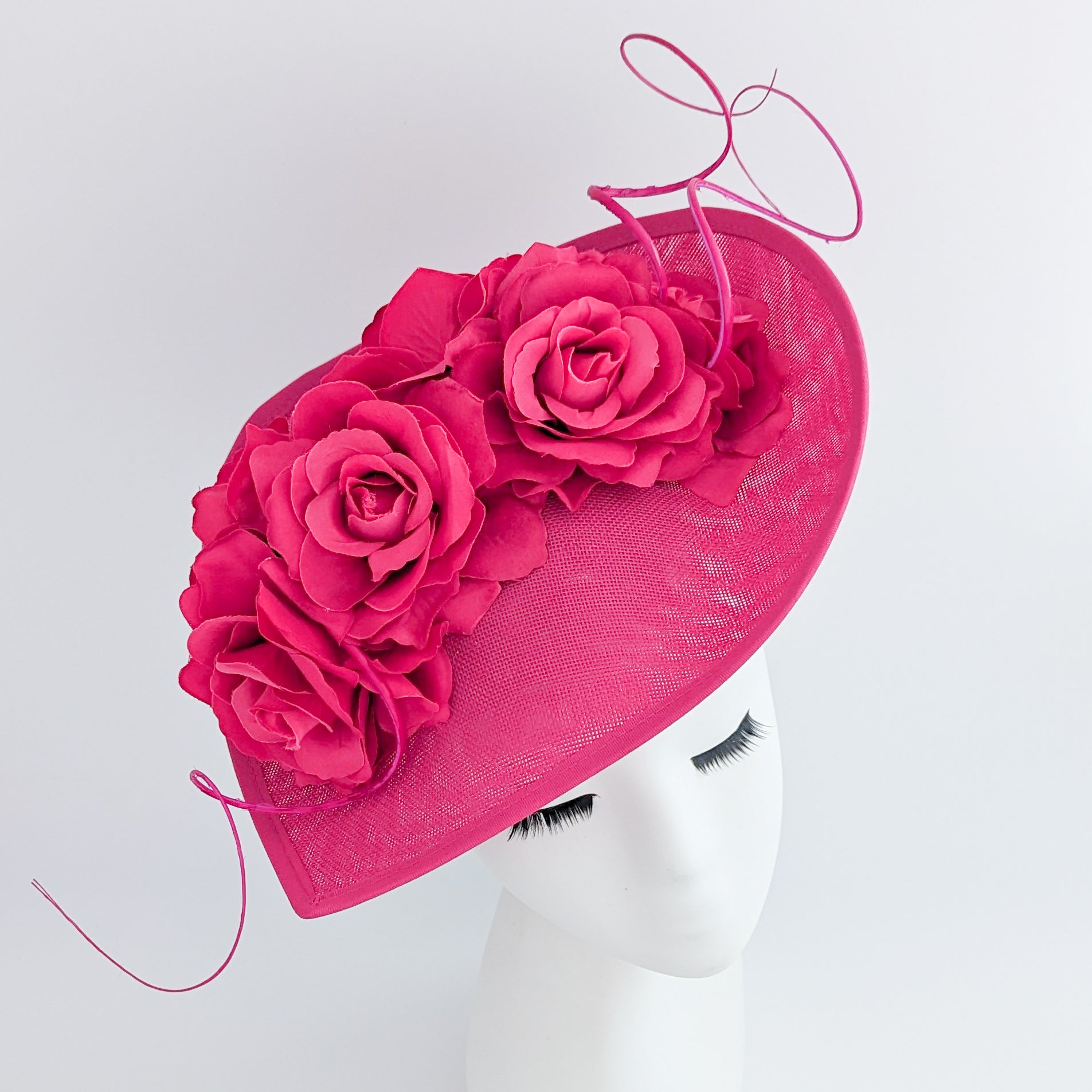 Fuchsia pink large teardrop rose flower fascinator hat