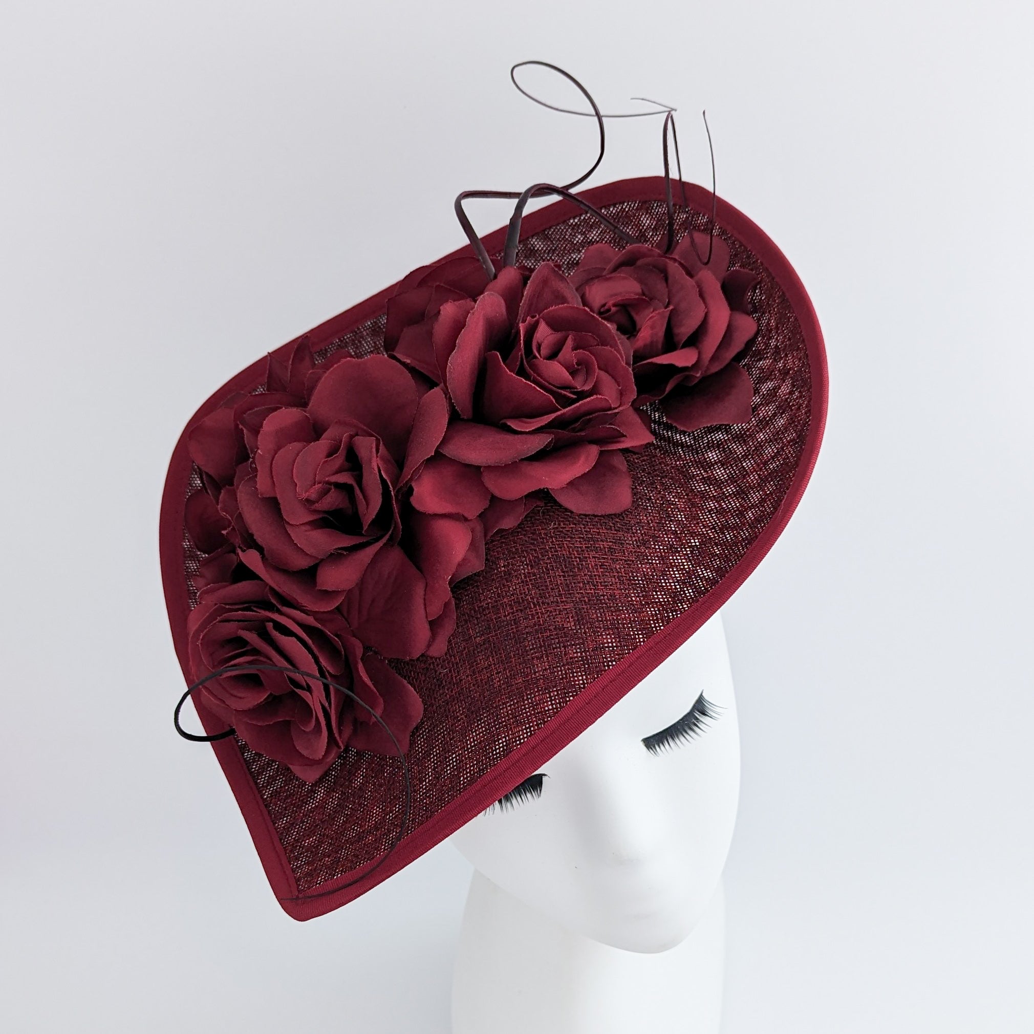 Burgundy large teardrop rose flower fascinator hat