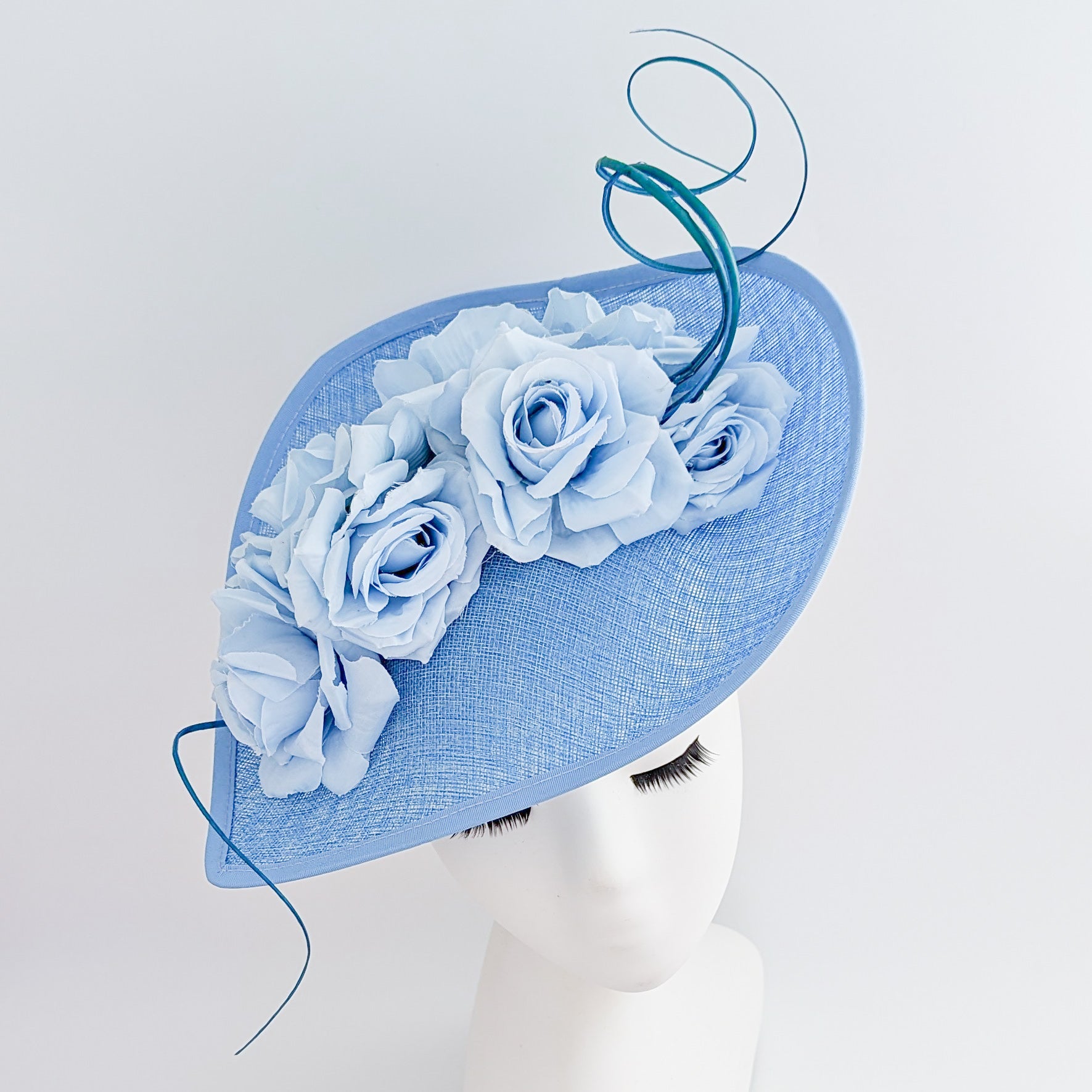 Light cornflower blue large teardrop rose flower fascinator hat