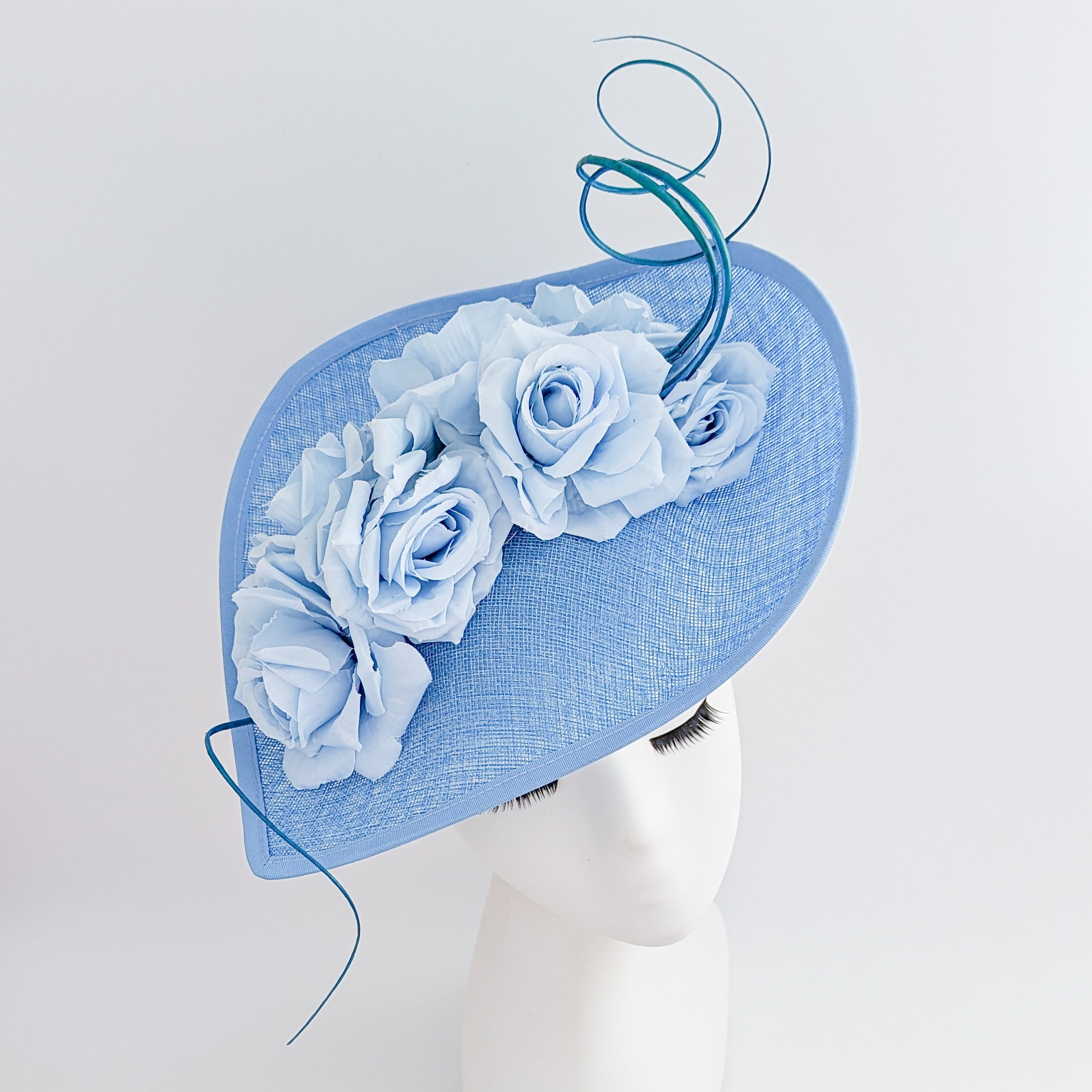 Light cornflower blue large teardrop rose flower fascinator hat