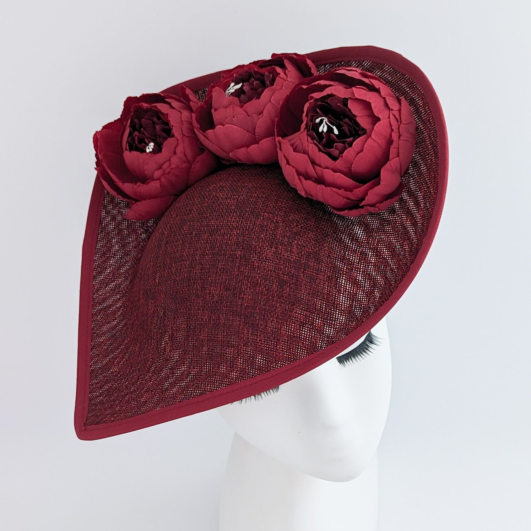 Burgundy large teardrop peony flower fascinator hat