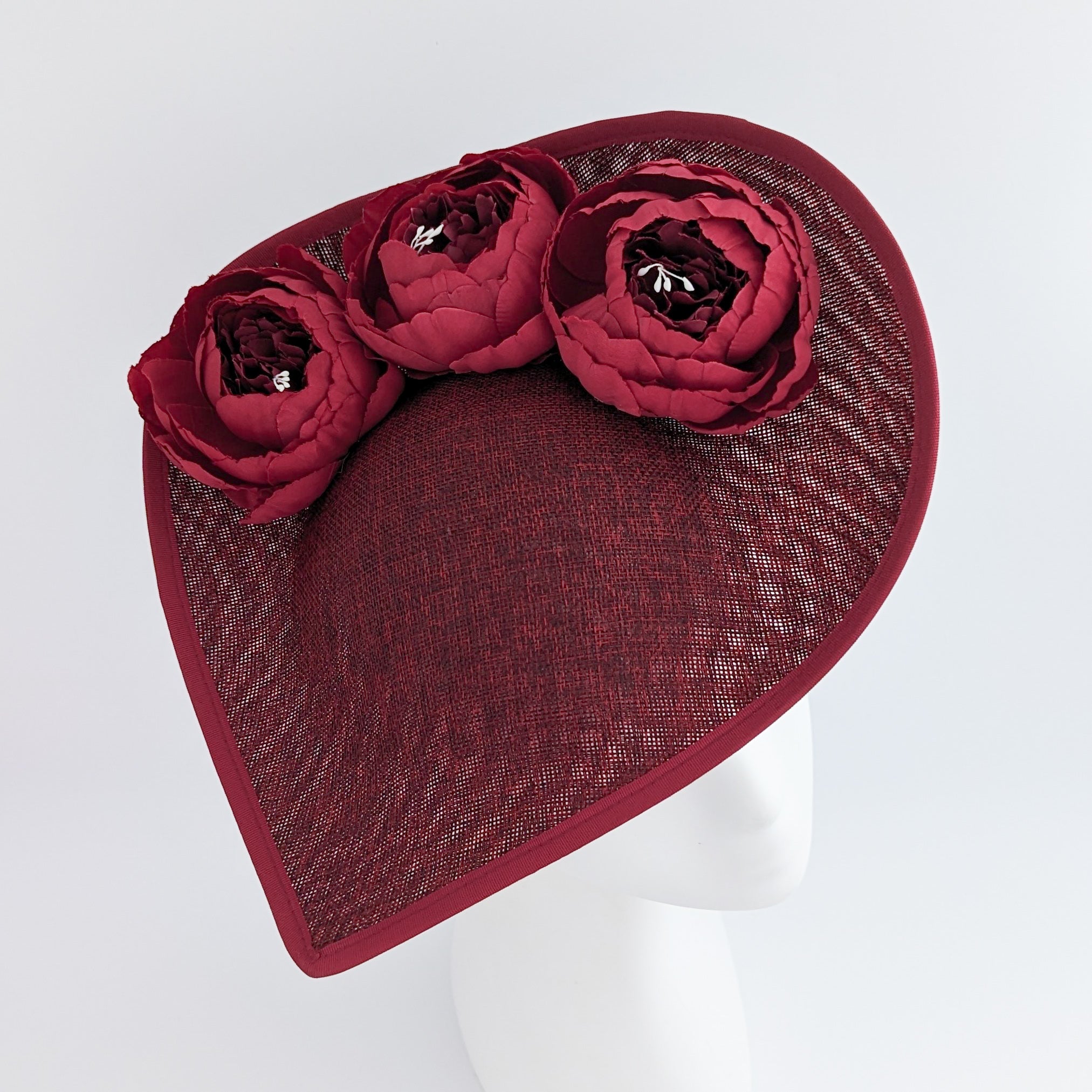 Burgundy large teardrop peony flower fascinator hat