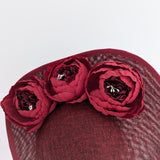 Burgundy large teardrop peony flower fascinator hat