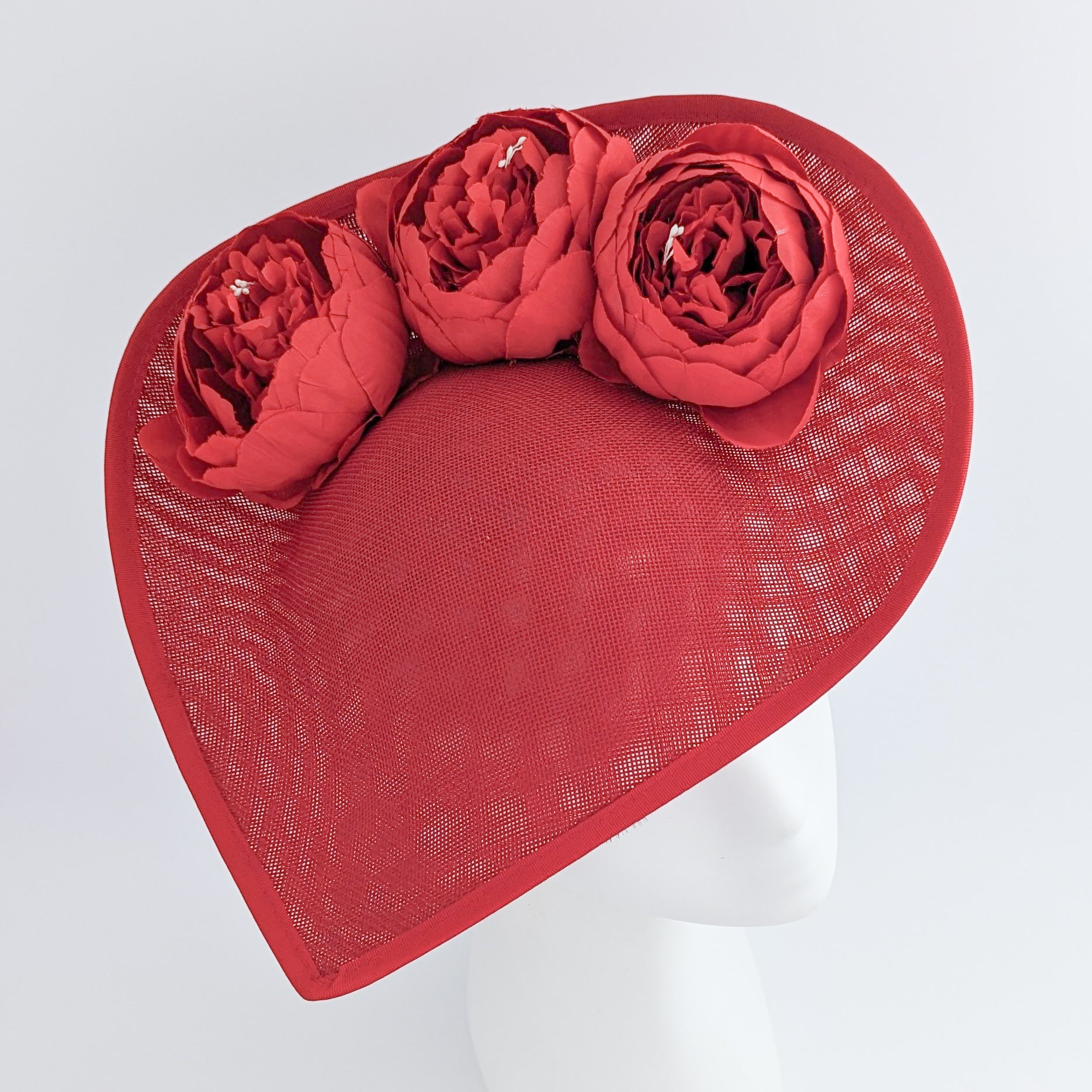 Red large teardrop peony flower fascinator hat