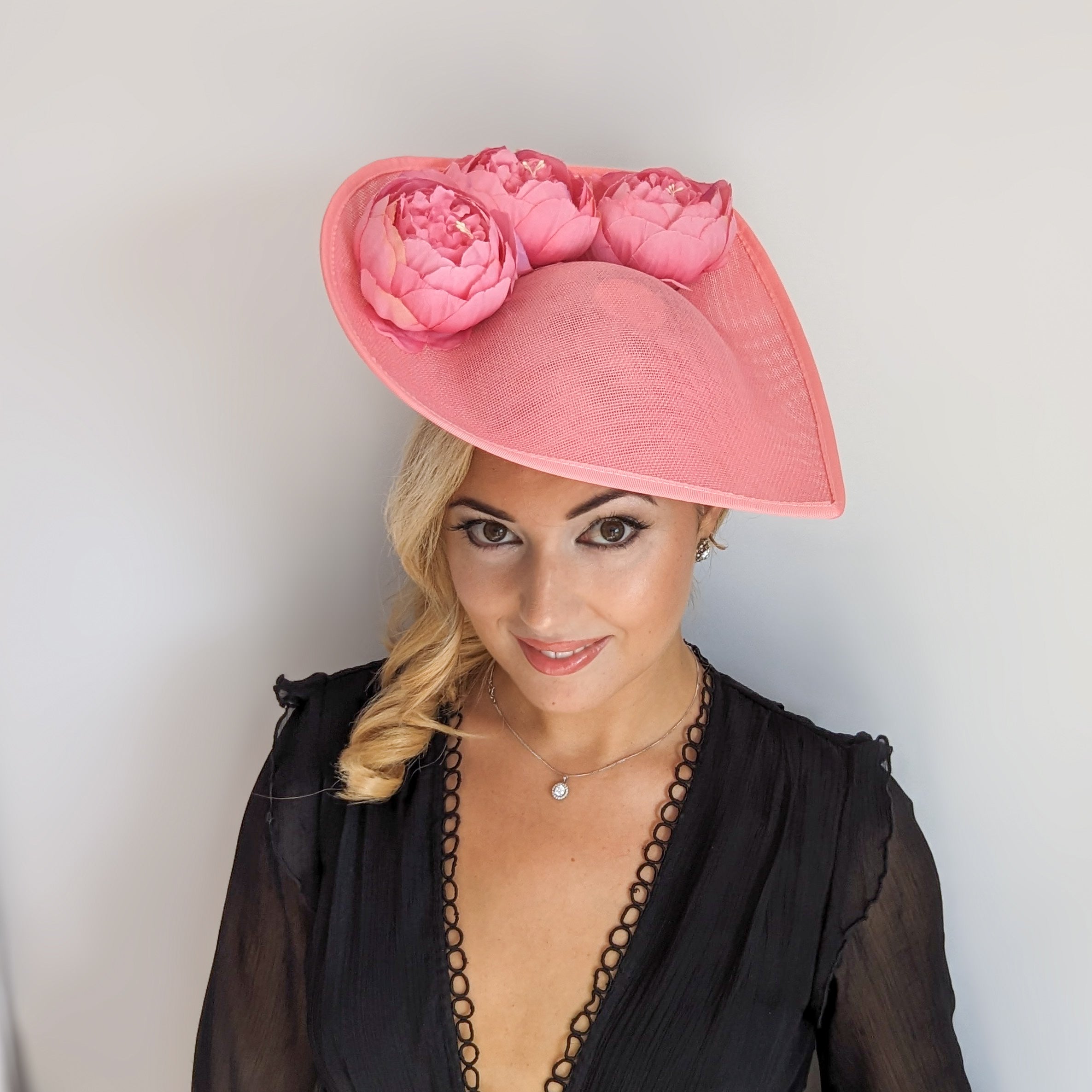 Pink large teardrop peony flower fascinator hat