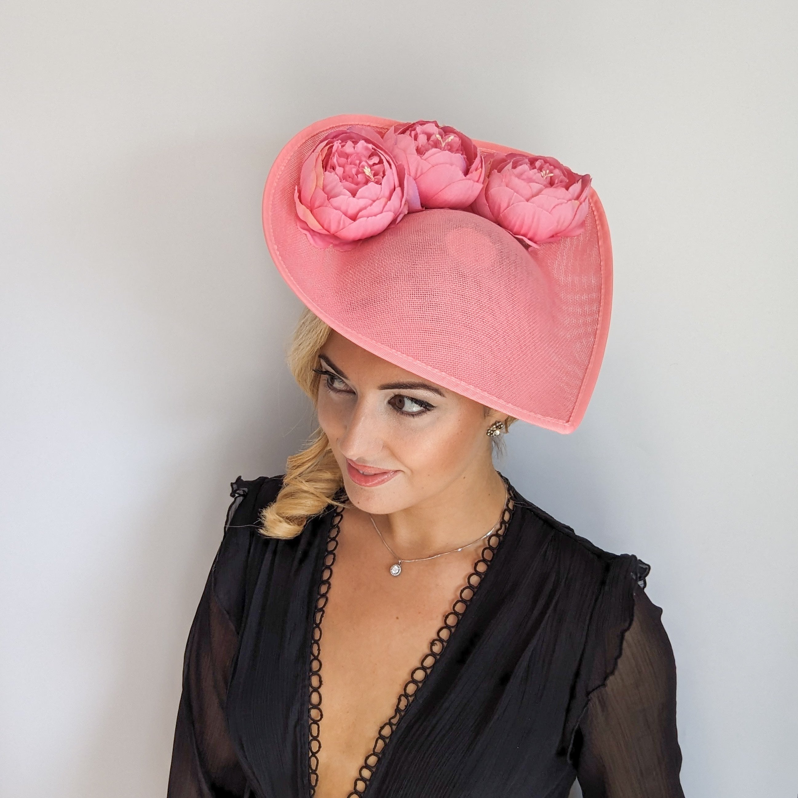 Pink large teardrop peony flower fascinator hat