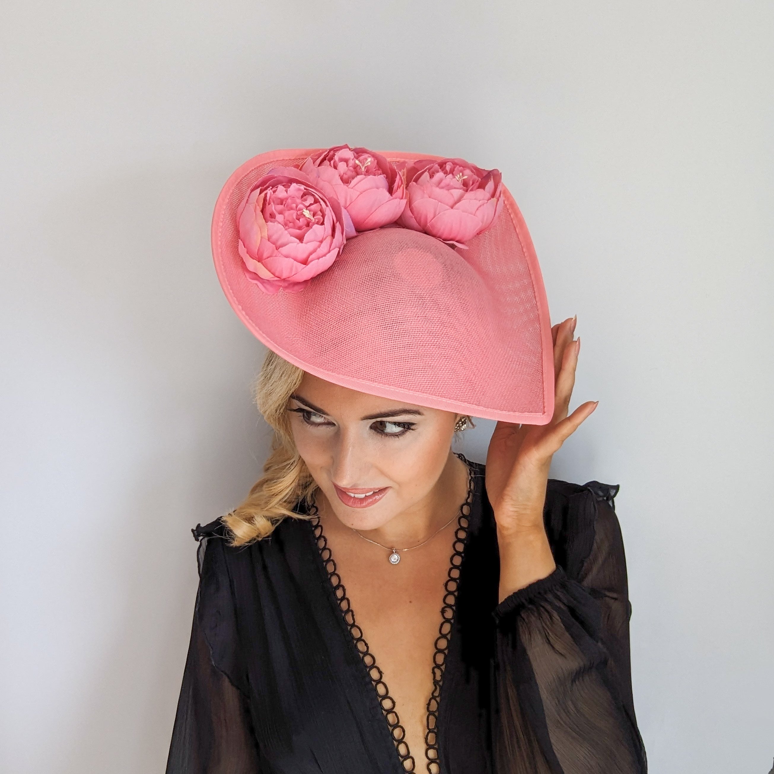 Pink large teardrop peony flower fascinator hat